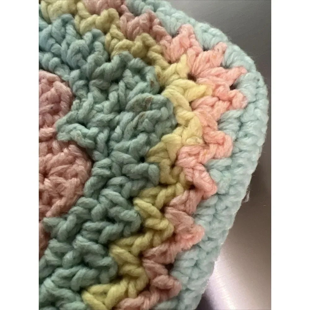 Vintage Crocheted Double‎ Sided Pot Holder Pastel Multicolor Square Oven Mitt